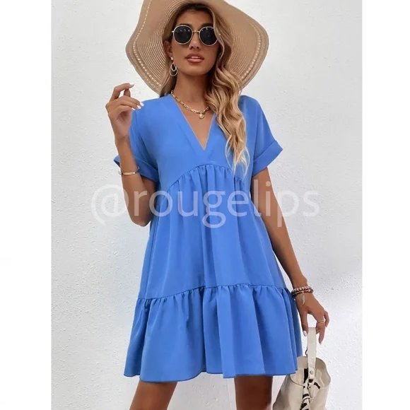 Blue Short Sleeve Loose Fitting Mini Dress V-Neck Ruffle Flared Hem - Picture 4 of 8